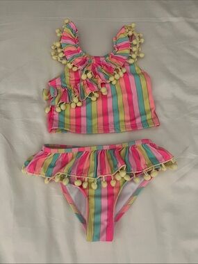 Nicole Miller Girls Multi-Color Stripe Pom Pom Bikini
